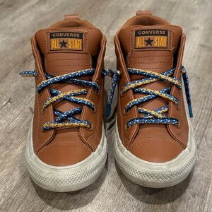 Converse Kids 2.5Y Tan High-Top Sneakers with Blue and Yellow Laces